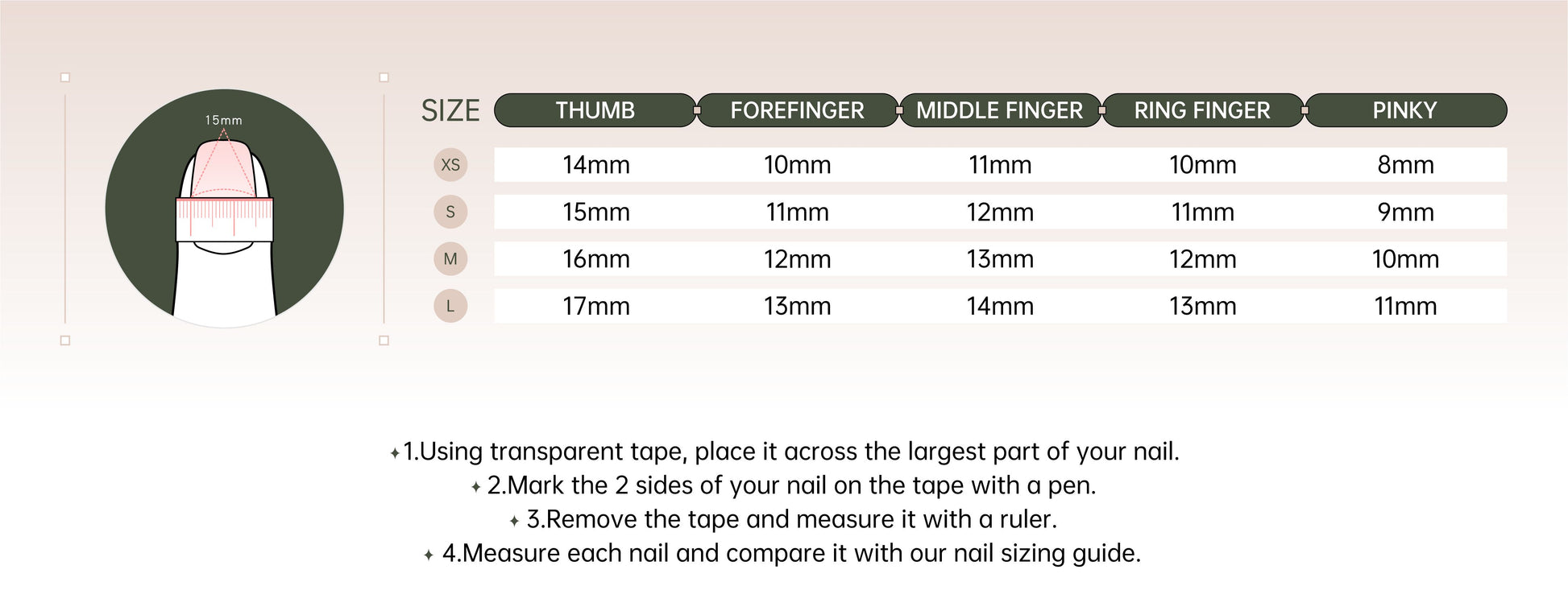 Size chart of fake nails | Betterbae.shop